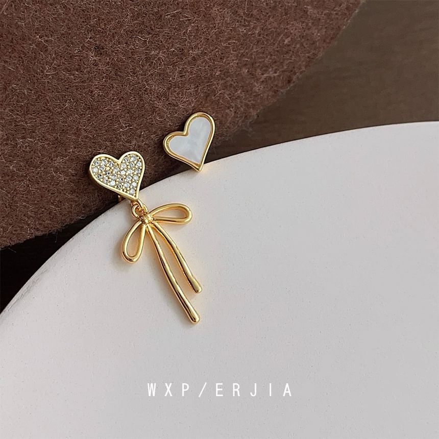 Drop Earring Heart Rhinestone Asymmetrical Alloy Bow Shell