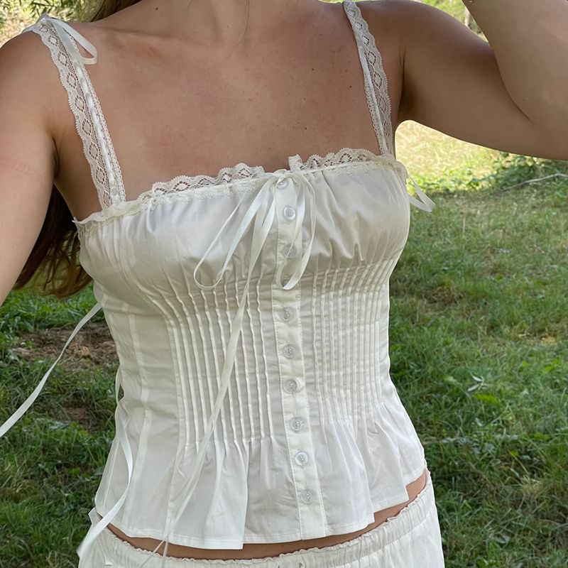 Pleated Lace-Trim Button-Front Cropped Camisole