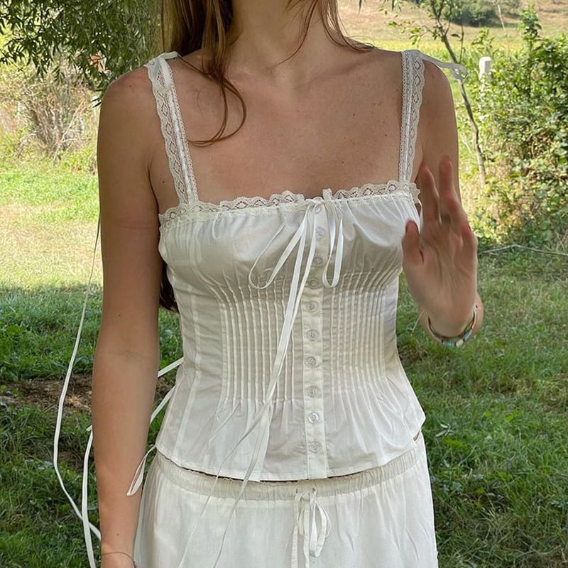 Pleated Lace-Trim Button-Front Cropped Camisole