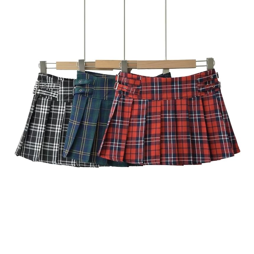 Plaid Pleated Mini A-Line Skirt with Low Waist