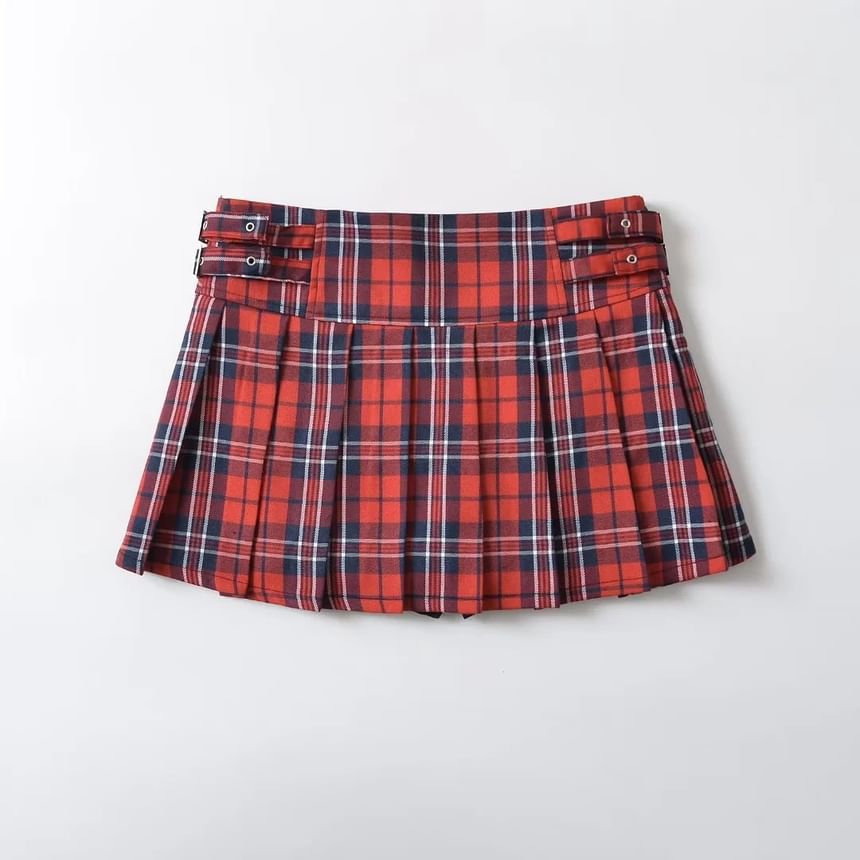 Plaid Pleated Mini A-Line Skirt with Low Waist