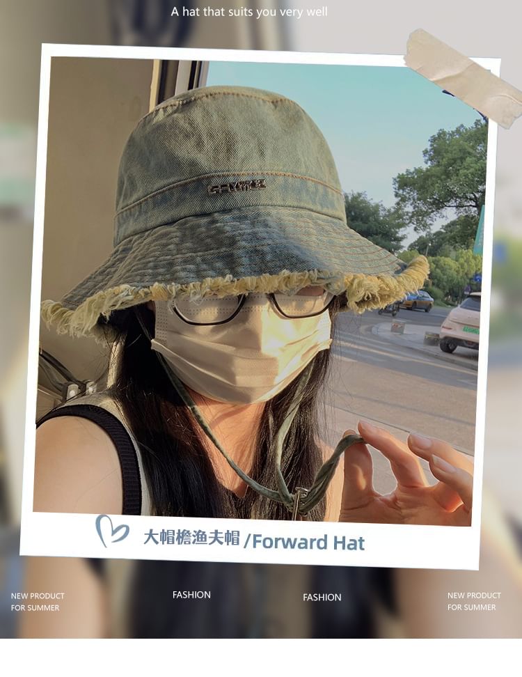 Hat Lettering Denim Fringed Bucket