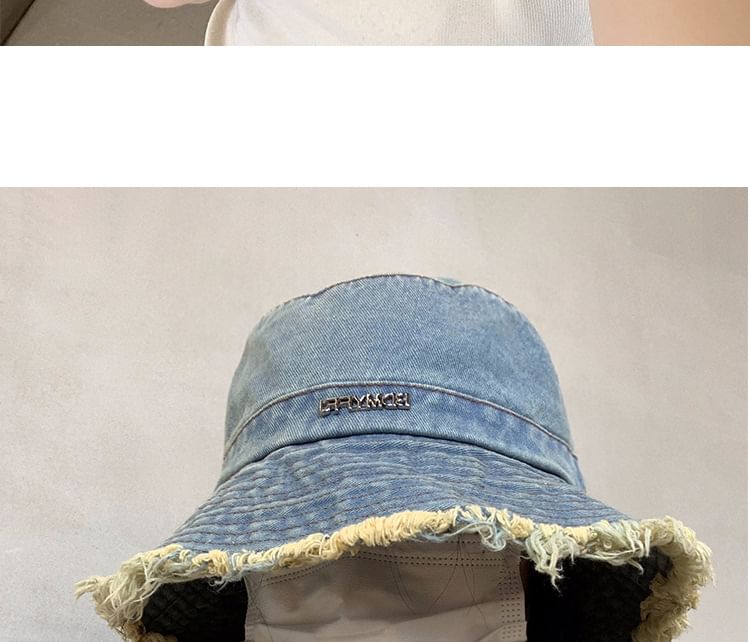 Hat Lettering Denim Fringed Bucket