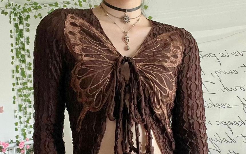 Front Long-Sleeve Butterfly Print V-Neck Crop Top Ribbon