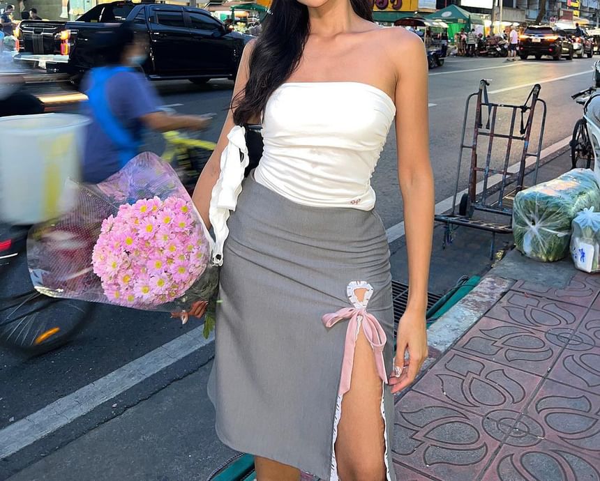 Ribbon Lace High Skirt Midi Plain Pencil Rise Trim