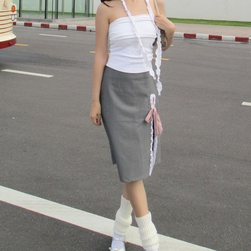 Ribbon Lace High Skirt Midi Plain Pencil Rise Trim