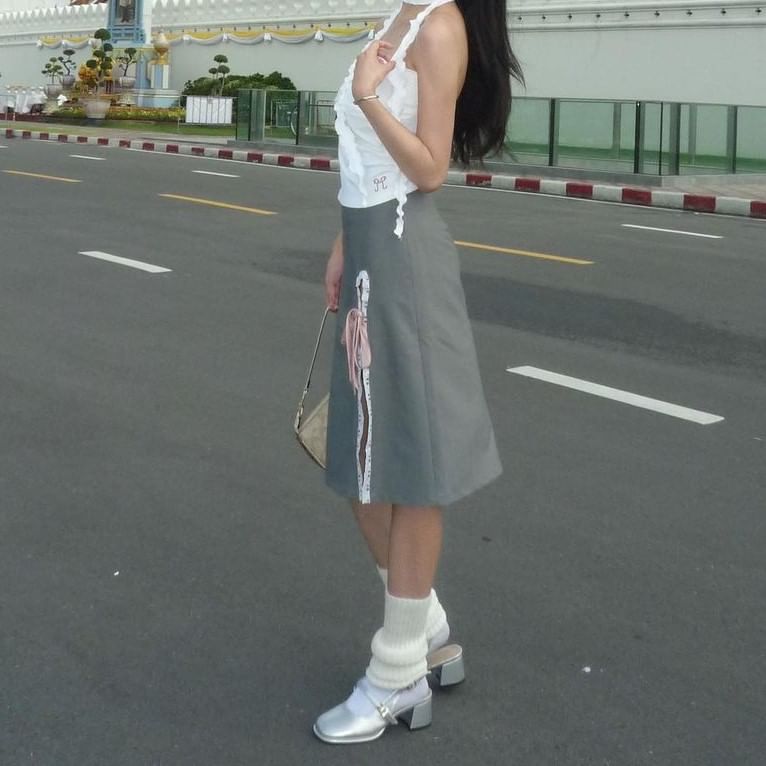 Ribbon Lace High Skirt Midi Plain Pencil Rise Trim