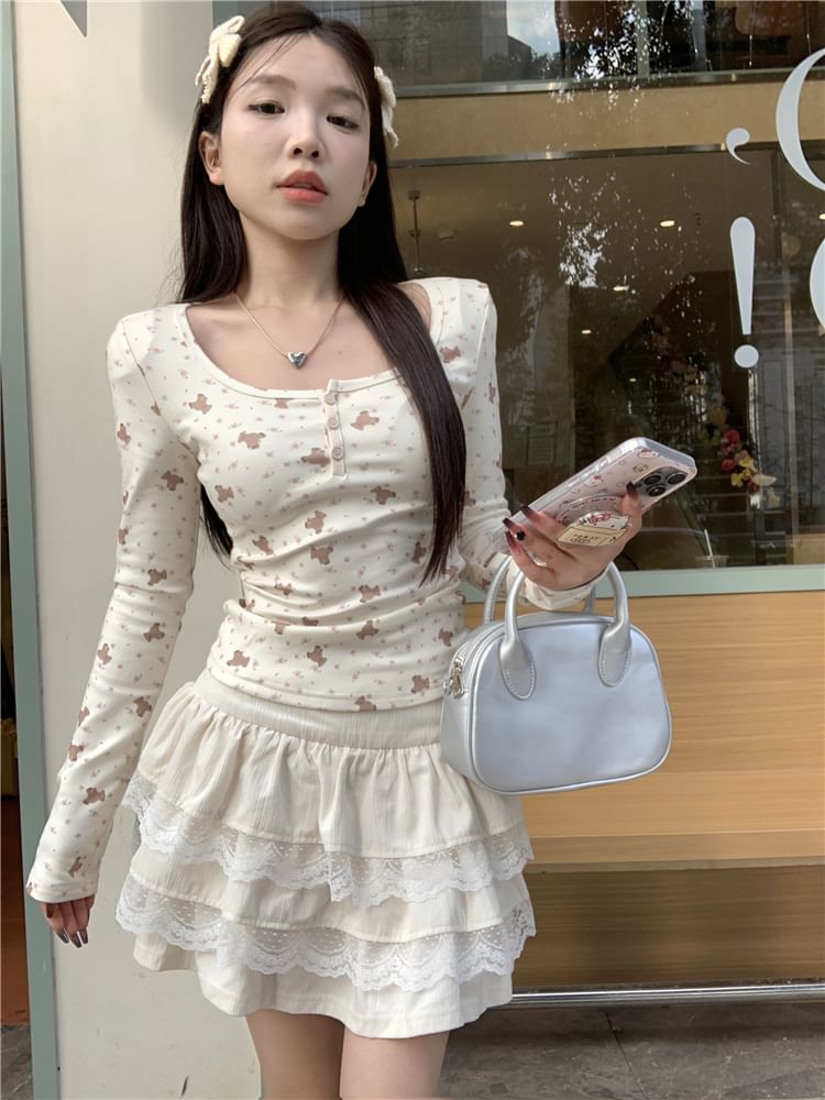 T-Shirt Henley Print Long-Sleeve Bear