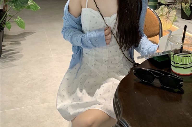 Cardigan Print Floral A-Line Ruffle Pointelle Plain Dress Spaghetti Strap / Mini