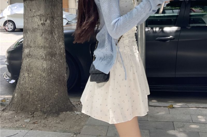Cardigan Print Floral A-Line Ruffle Pointelle Plain Dress Spaghetti Strap / Mini