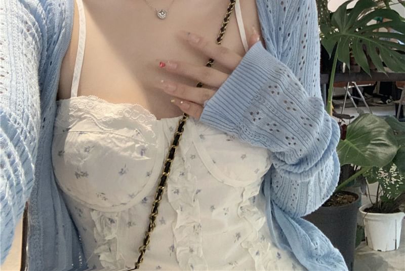 Cardigan Print Floral A-Line Ruffle Pointelle Plain Dress Spaghetti Strap / Mini