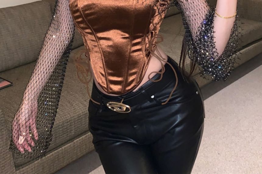 Asymmetrical Lace-Up Corset Crop Top with Rhinestone Fishnet Sleeves