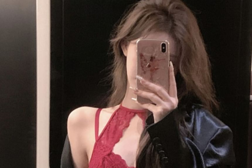 Halter Lace-Panel Cutout Bodysuit Top