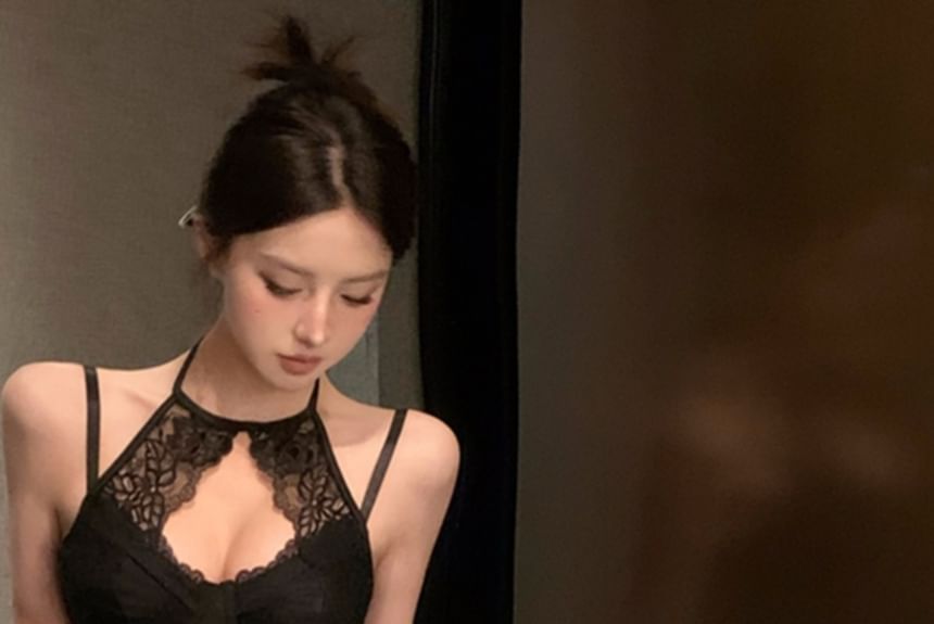 Halter Lace-Panel Cutout Bodysuit Top