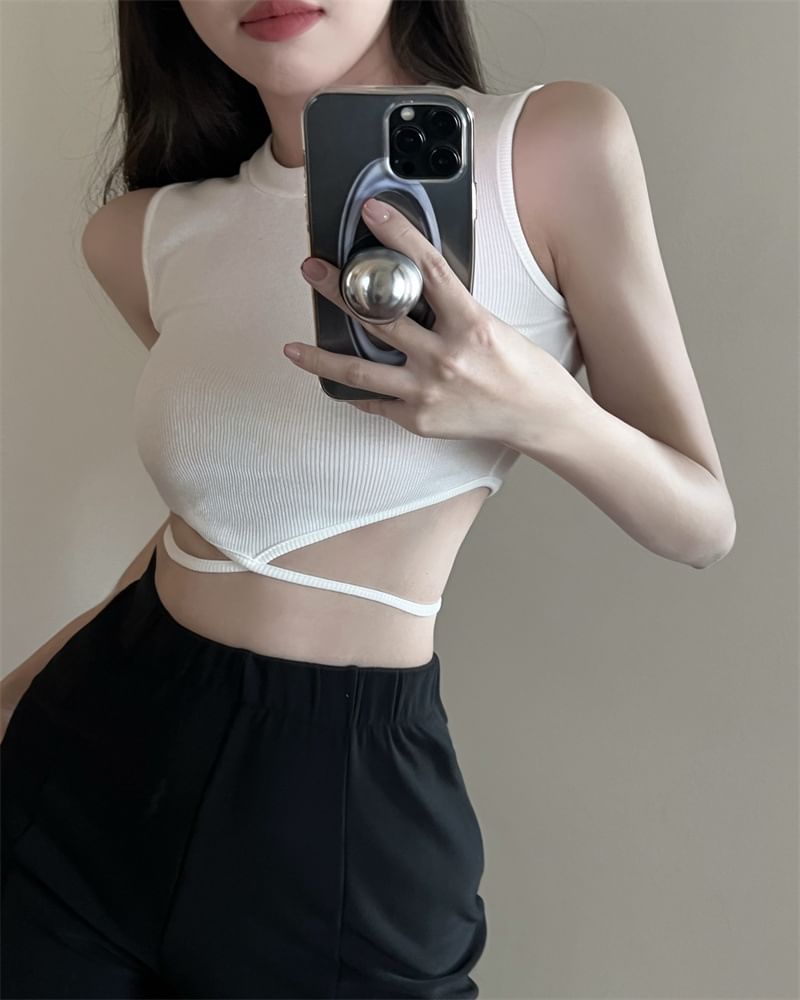 Cross Back Neck Criss Top Tank Crop Plain Tie Crew