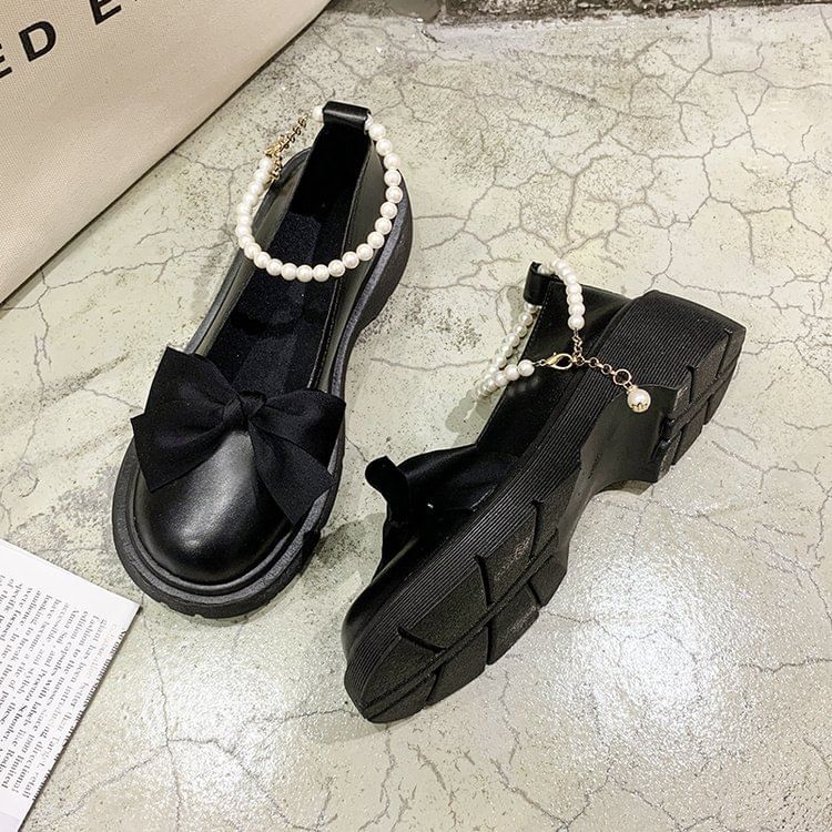 Ankle Heel Chunky Strap Platform Loafers Bow