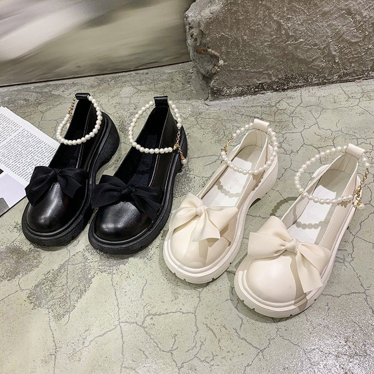 Ankle Heel Chunky Strap Platform Loafers Bow