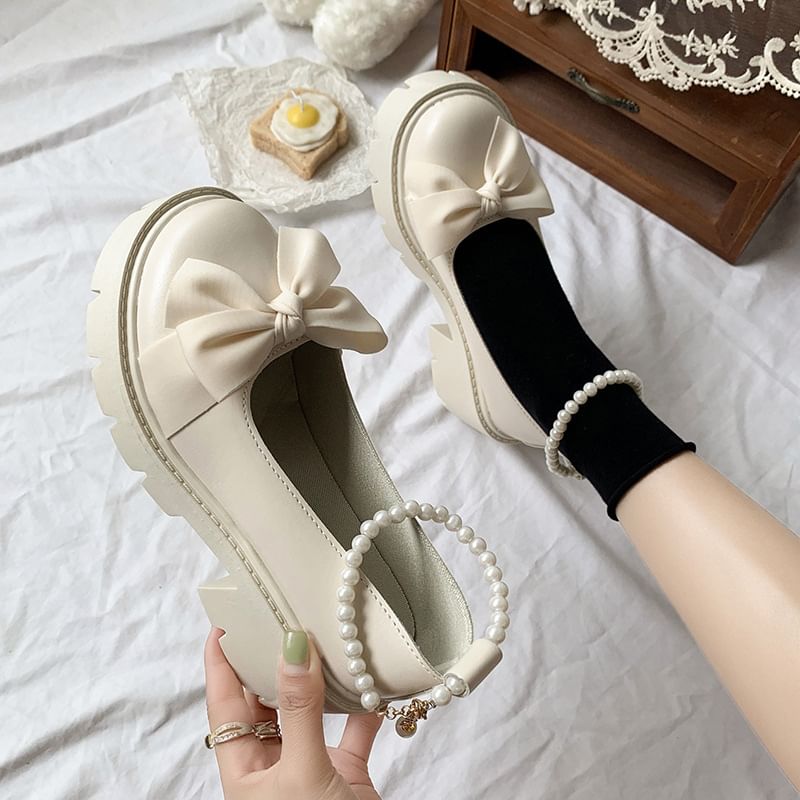 Chunky Loafers Ankle Platform Heel Bow Strap