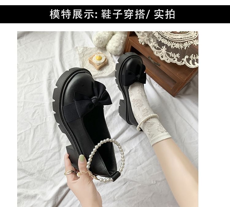 Chunky Loafers Ankle Platform Heel Bow Strap