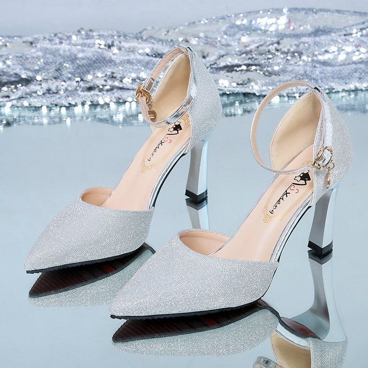 Heel Pointed Glitter Chunky Sandals Strap Ankle