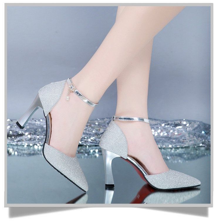 Heel Pointed Glitter Chunky Sandals Strap Ankle