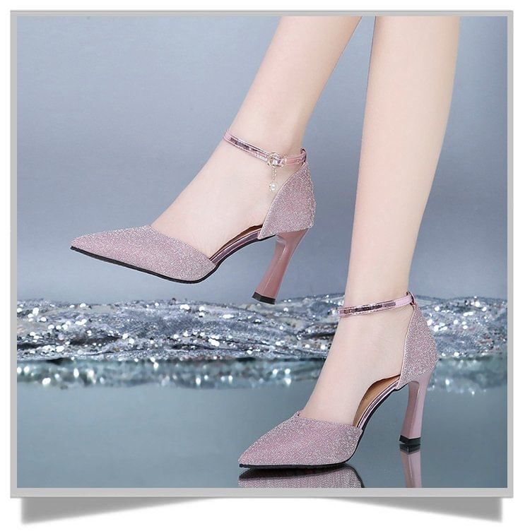 Heel Pointed Glitter Chunky Sandals Strap Ankle