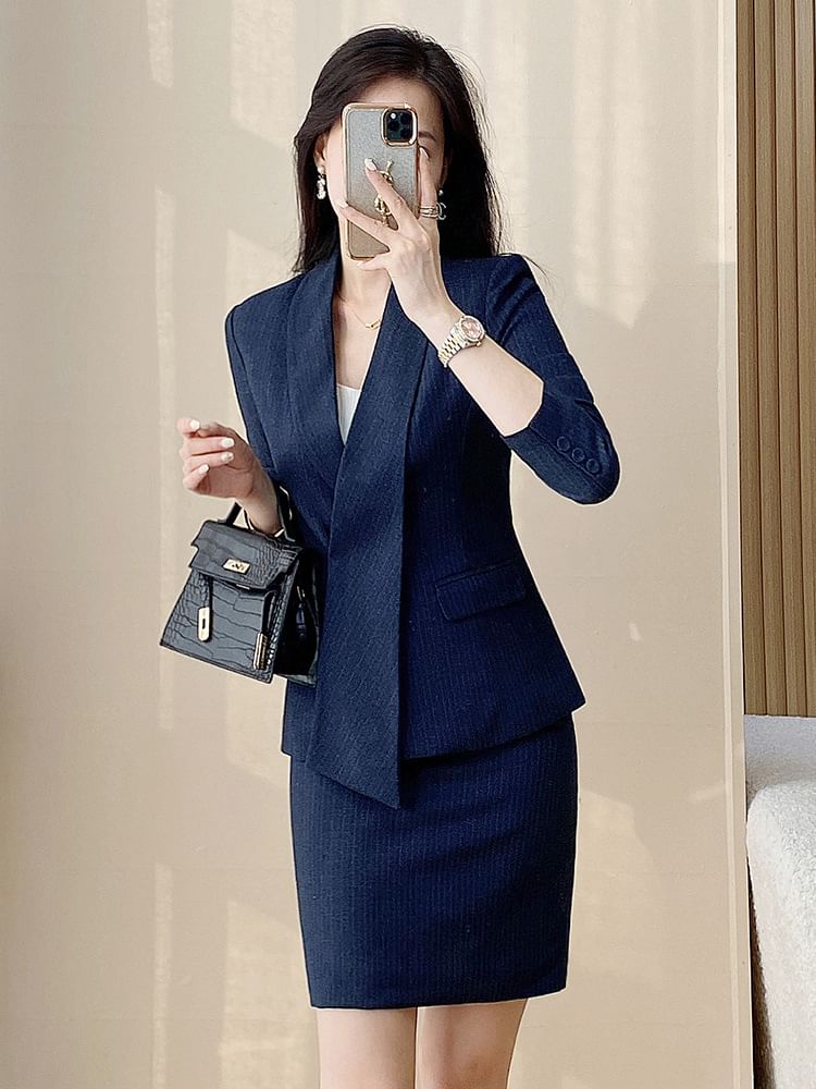 Striped Wrap Blazer with Skirt and Pants Set