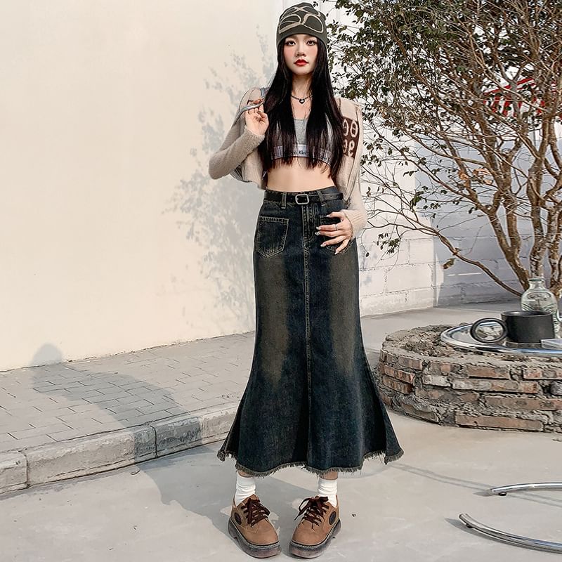 Denim Mermaid Midi Skirt with High Waist