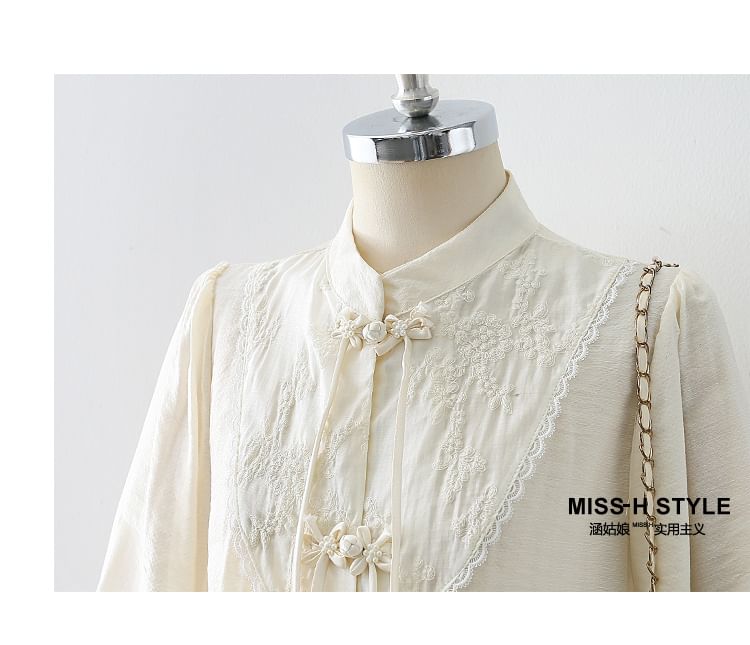 Puff-Sleeve Lace-Panel Button-Front Blouse