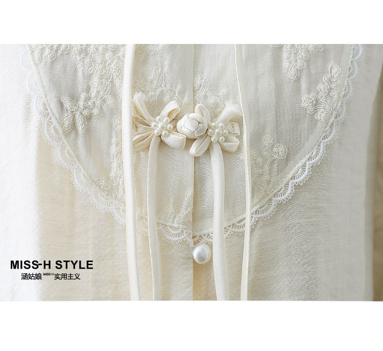 Puff-Sleeve Lace-Panel Button-Front Blouse