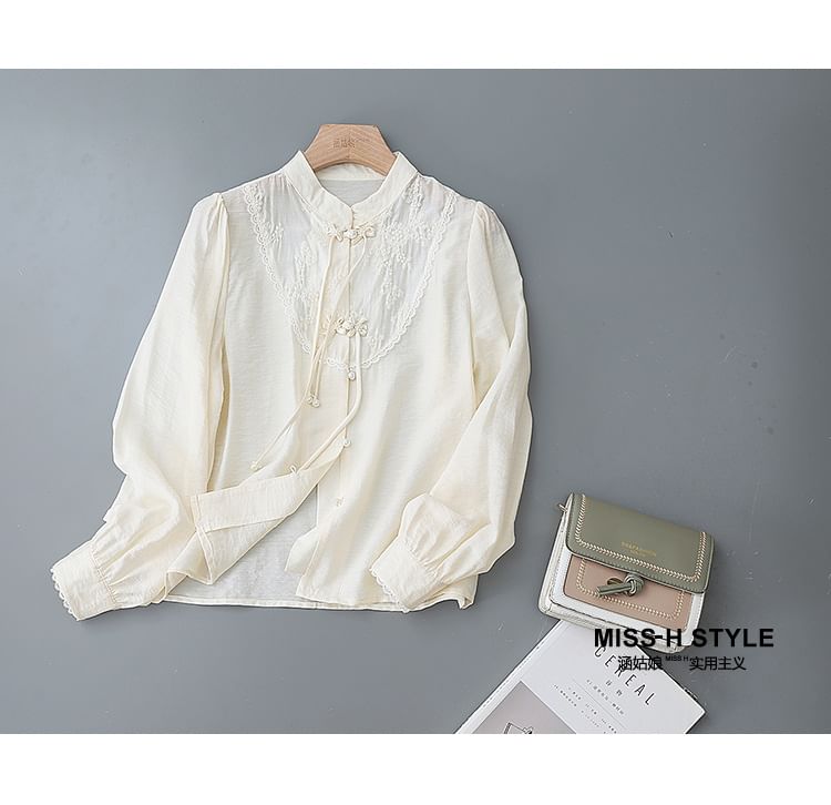 Puff-Sleeve Lace-Panel Button-Front Blouse