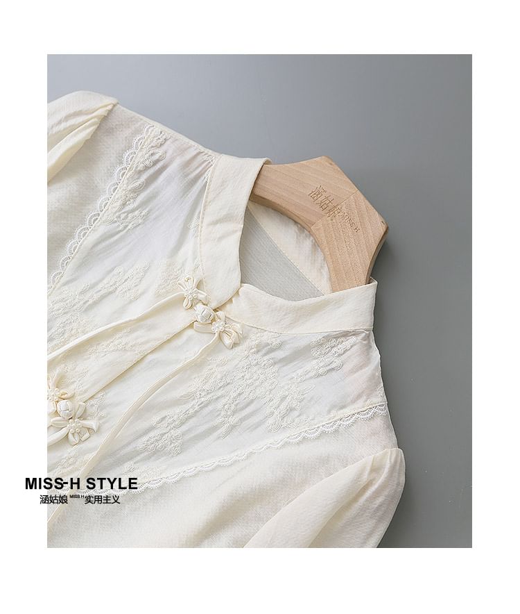 Puff-Sleeve Lace-Panel Button-Front Blouse