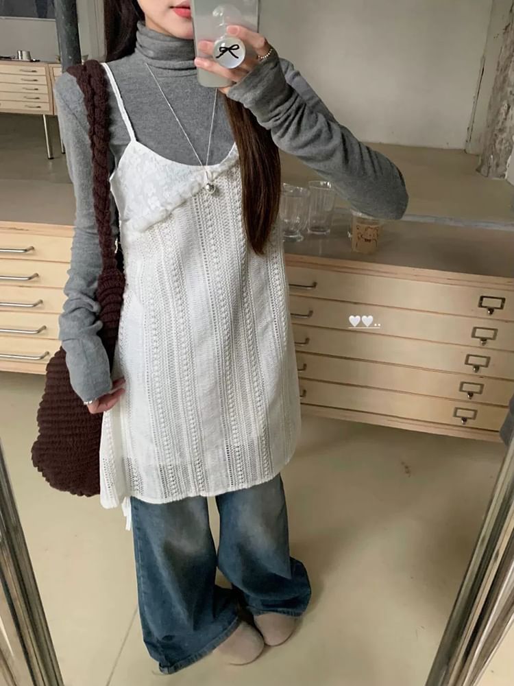 High-Neck Long-Sleeve Tee / Spaghetti Strap Lace-Up Mini Jumper