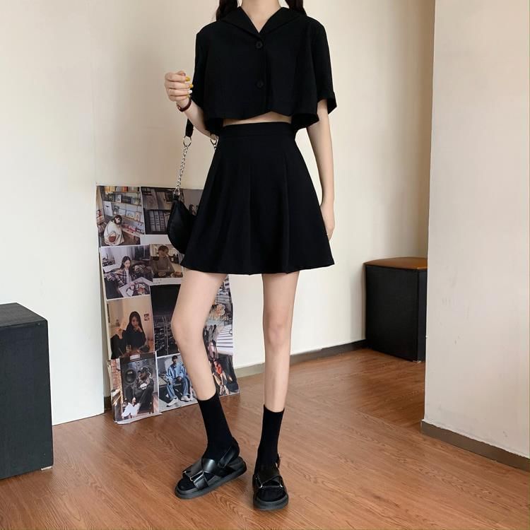 Crop Shirt and Pleated Mini Skirt Outfit Set
