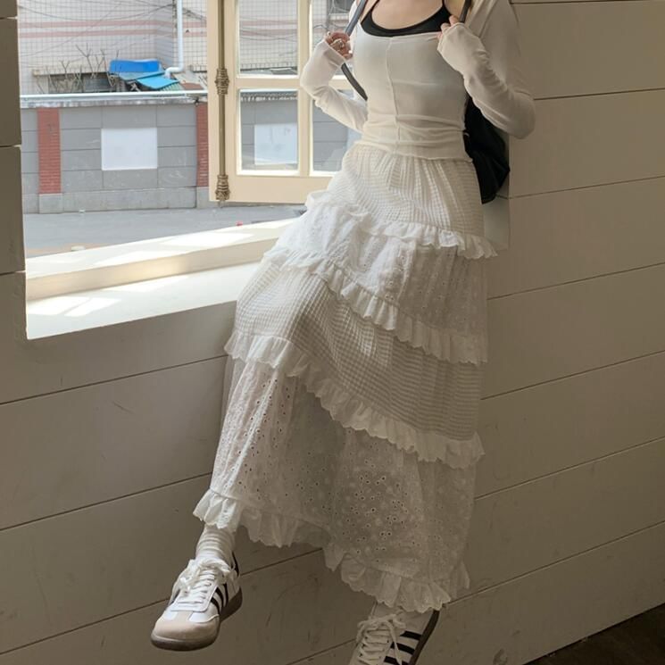 Cutout Layered A-Line Midi Skirt with Mid Waist