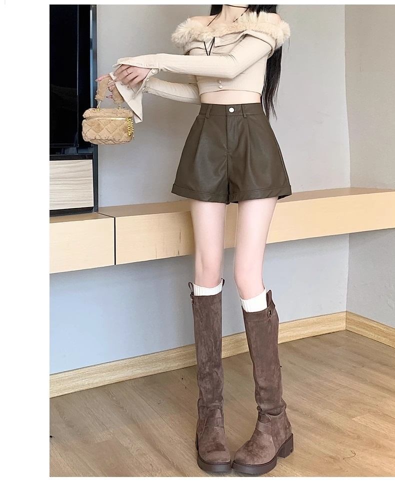 Leather Shorts Waist High Plain Faux