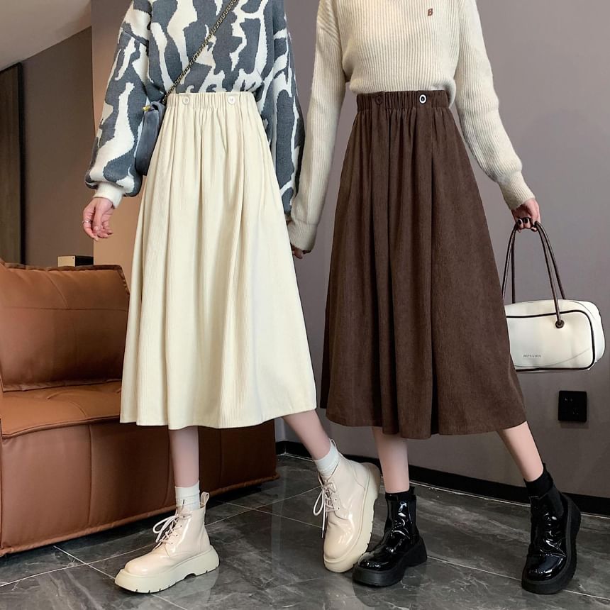 Skirt Midi Elastic Plain Pocket A-Line Waist