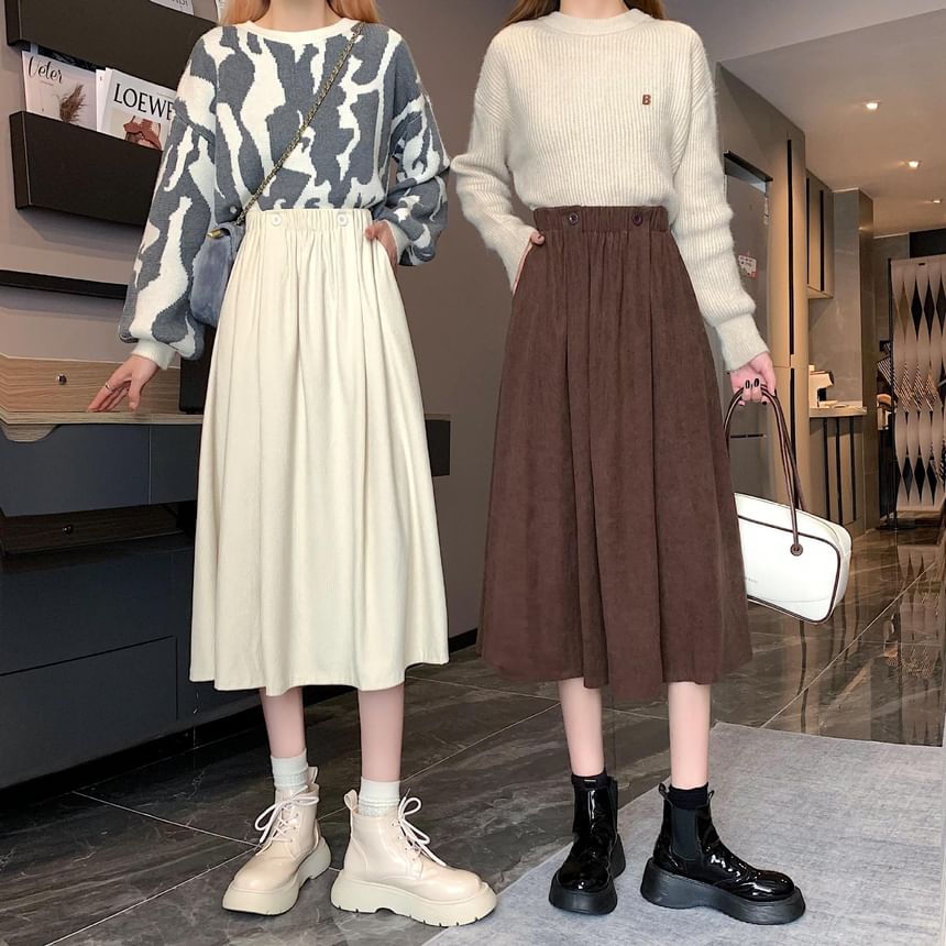 Skirt Midi Elastic Plain Pocket A-Line Waist