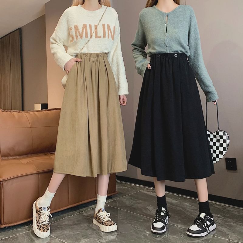 Skirt Midi Elastic Plain Pocket A-Line Waist