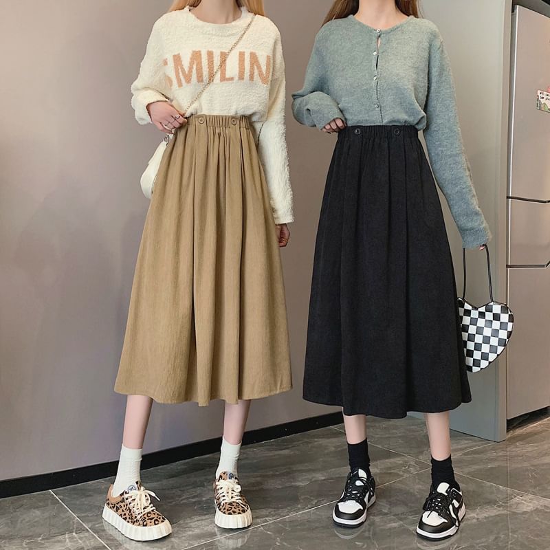Skirt Midi Elastic Plain Pocket A-Line Waist
