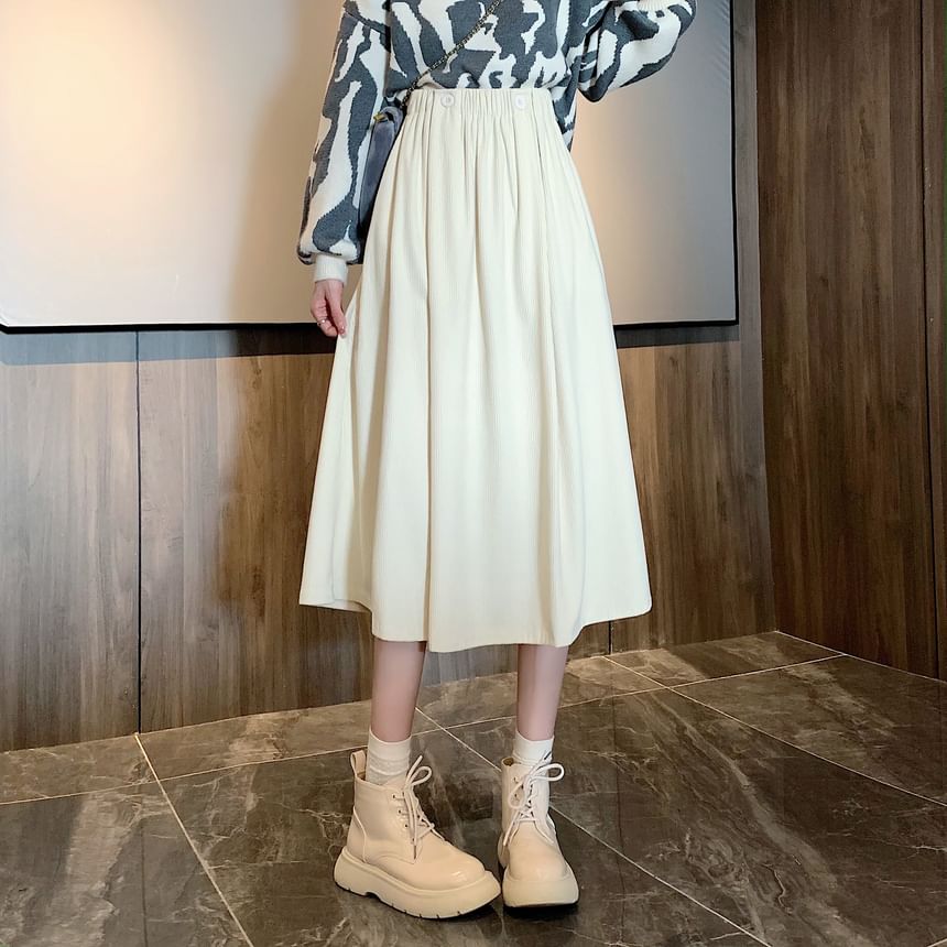 Skirt Midi Elastic Plain Pocket A-Line Waist
