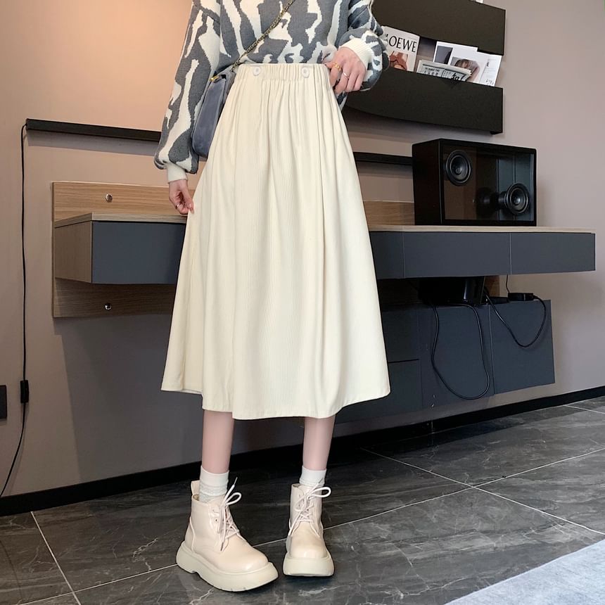 Skirt Midi Elastic Plain Pocket A-Line Waist