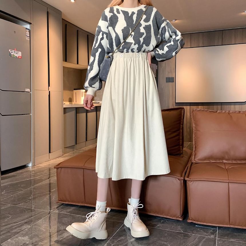 Skirt Midi Elastic Plain Pocket A-Line Waist