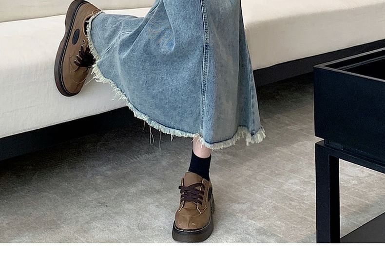 Mermaid Denim Midi Skirt with Frayed Hem and High Waist
