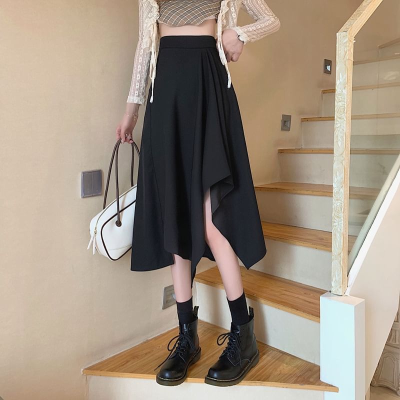 Elastic A-Line Asymmetrical Skirt Plain Midi Waist