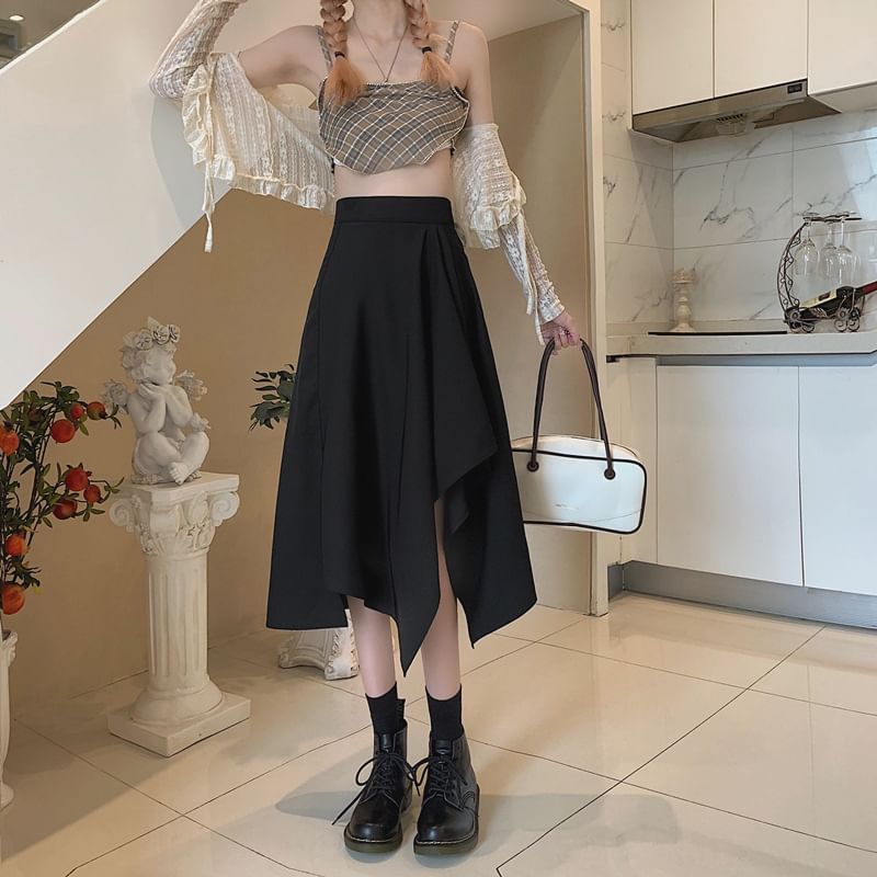 Elastic A-Line Asymmetrical Skirt Plain Midi Waist