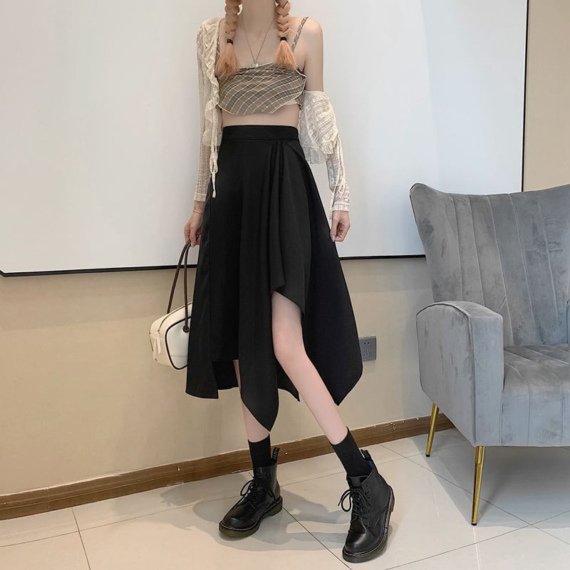Elastic A-Line Asymmetrical Skirt Plain Midi Waist