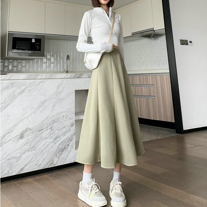 Plain High A-Line Midi Skirt Waist