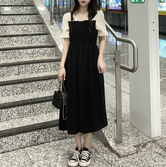 Midi Ruched Dress A-Line Puff Mock Piece Two V-Neck Sleeve