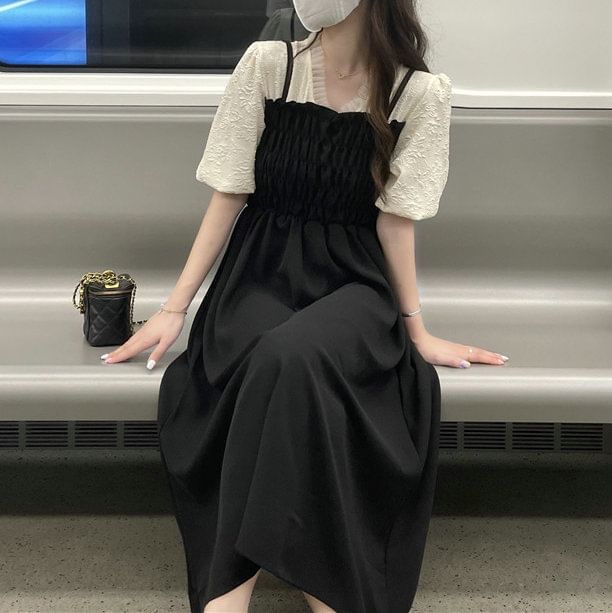 Midi Ruched Dress A-Line Puff Mock Piece Two V-Neck Sleeve